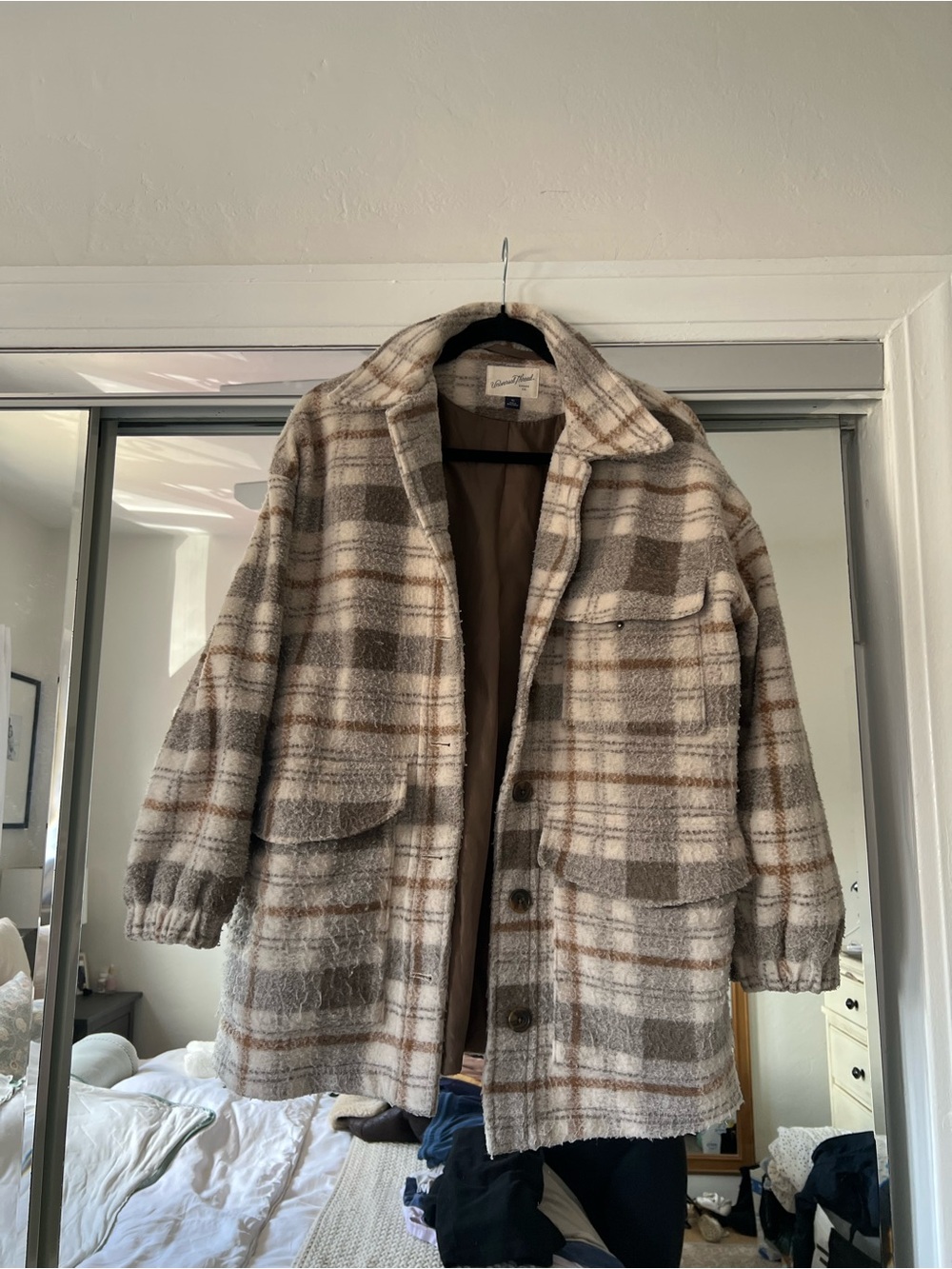 Universal Thread Plaid Shacket in Cream, Brown, and Tan
